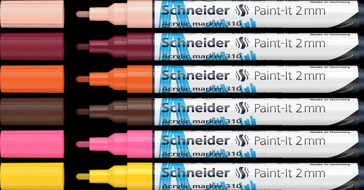 Produktbild Schneider Paint-It Acrylstifte (Set 3 mit 2 mm Rundspitze, hochdeckende Acrylfarben für Holz, Leinwa (Pink, Gelb, Braun, Apricot, Burgundrot, Orange, 2 mm, 6 x)