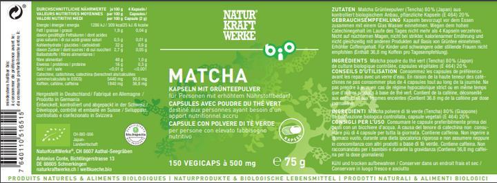 Nährwerte und Zutaten NaturKraftWerke Matcha Vegicaps à 500mg Bio/kbA (1 Stück, Kapseln, 281 g)