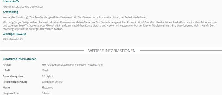 Valori nutrizionali e ingredienti Phytomed Bachblüten No27 Heilquellen (1 Pezzo/i, Liquido, 22 g)