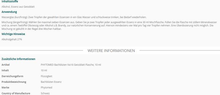 Nährwerte und Zutaten Phytomed Bachblüten No16 Geissblatt (1 Stück, Flüssigkeit, 25 g)