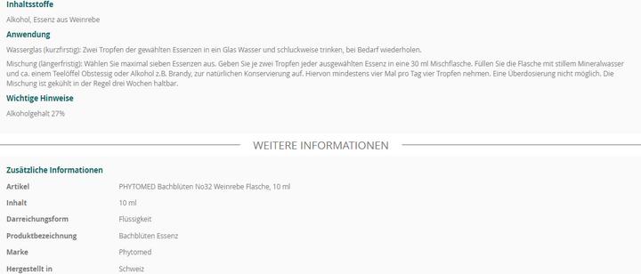 Nutritional values and ingredients Phytomed Bachblüten No32 Weinrebe (1 Piece, Liquid, 22 g)