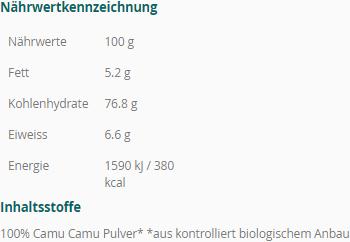 Valeurs nutritives et ingrédients Sembrador Poudre de camu camu commerce équitable bio (1 pièce(s), Poudre, 214 g)
