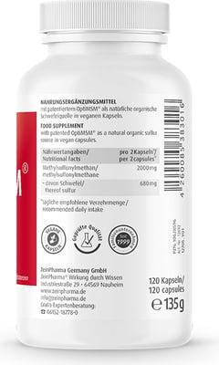 Nährwerte und Zutaten Zein Pharma OptiMSM (120 Stück, Kapseln, 135 g)