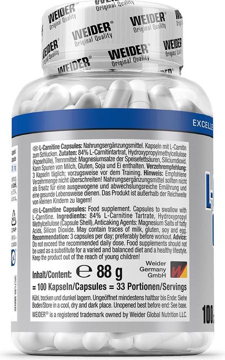 Nährwerte und Zutaten Weider BodyShaper L-Carnitine Caps (100 Caps) (100 Stück, Kapseln)
