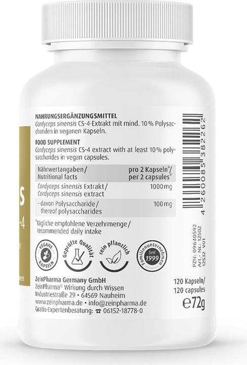 Nährwerte und Zutaten Zein Pharma Cordyceps CS-4 (120 Stück, Kapseln)