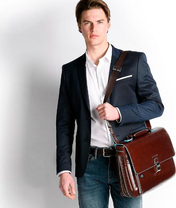 Actual product image Piquadro Blue Square Expandable Computer Portfolio Briefcase 15 Night Blue (15")