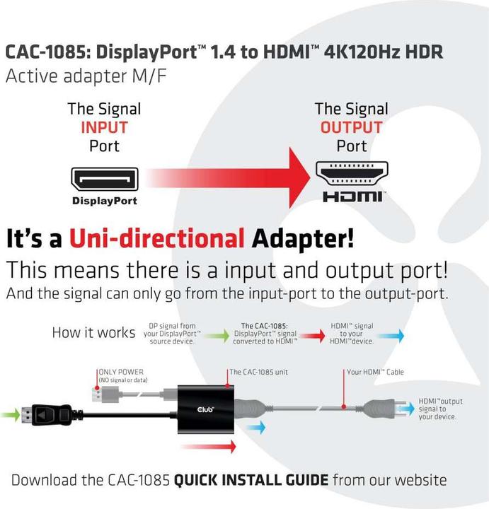 Immagine prodotto Club 3D Adattatore DP 1.4 a HDMI 4K120Hz HDR attivo (HDMI, 6.20 cm)
