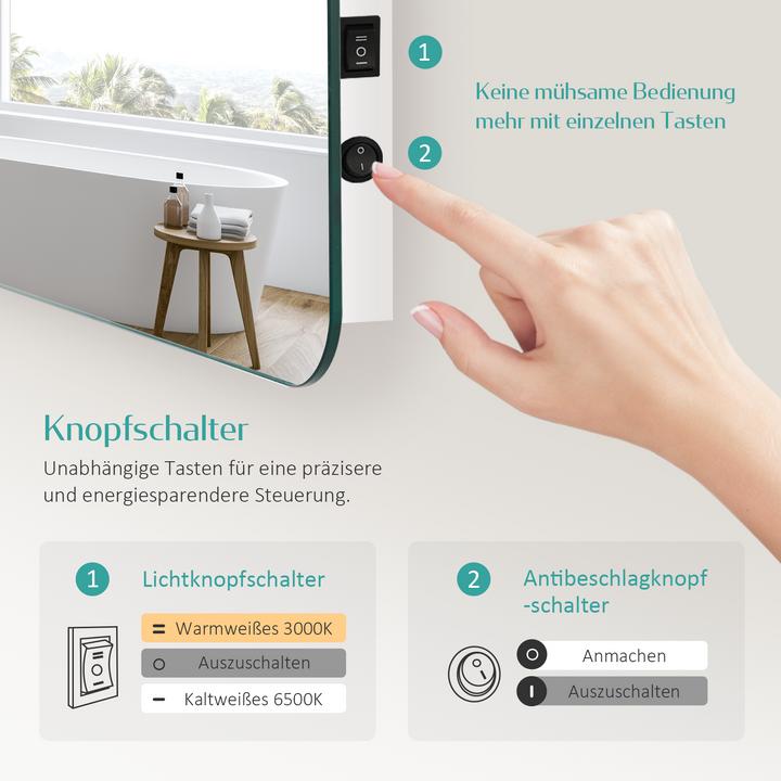 Produktbild Emke Badezimmerspiegel mit Beleuchtung 60*40cm,Beschlagfrei, 3000K/6500K,Tast Schalter