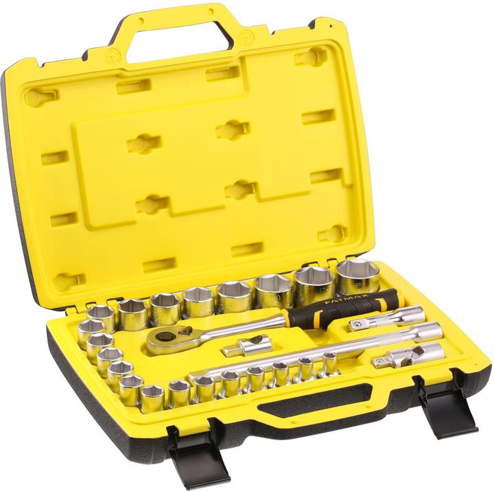 Produktbild Stanley Steckschlüsselsatz, 26-teilig, 1/2 Zoll, Typ Ratschen- und Steckschlüsselsatz von SAM, 1/2Z (25 mm, 31 mm, 18 mm, 28 mm, 17 mm, 8 mm, 16 mm, 34 mm, 23 mm, 33 mm, 11 mm, 20 mm, 29 mm, 19 mm, 32 mm, 10  mm, 15 mm, 22 mm, 21 mm, 30 mm, 14 mm, 27 mm, 12 mm, 9 mm, 26 mm, 24 mm, 13 mm)