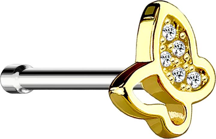 Produktbild Star Piercing Nasenstecker gerade vergoldet mit Schmetterling und Kristall (Chirurgenstahl 316L, Messing)
