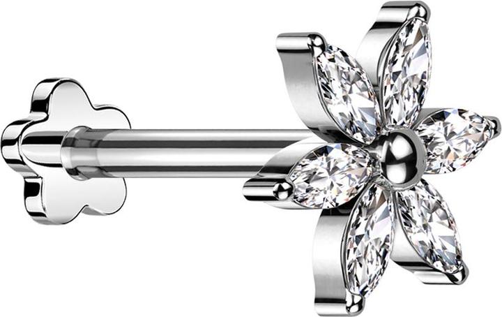Actual product image Star Piercing Micro Threadless Labret Blume silber Blume silber Kristalle silber (without brass, Titanium G23)