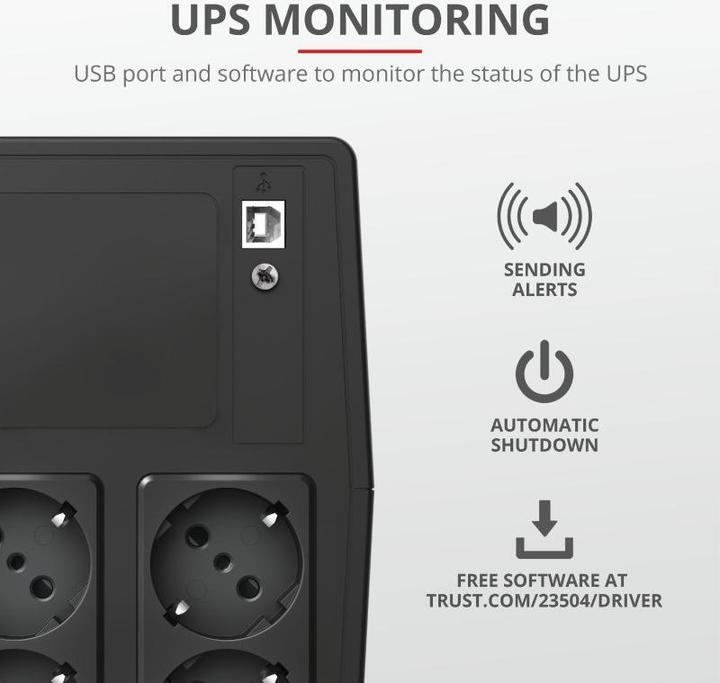 Actual product image Trust UPS||600 Watts|1000 VA|Wave form type Simulated sinewave|23504 (1000 VA, 600 W, Line-interactive UPS)
