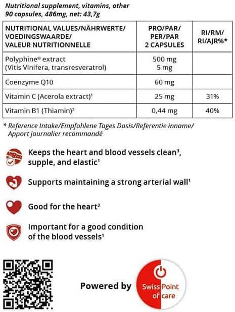 Valeurs nutritives et ingrédients Swiss point of care Resvératrol, OPC, CoQ10 : polyphines Bon pour le COEUR x90 (90 pièce(s), 74 g)
