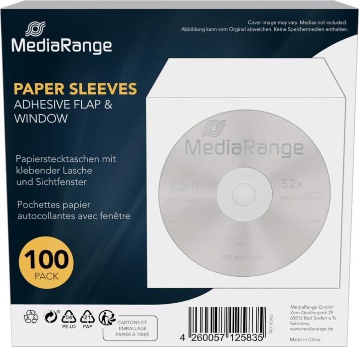 Produktbild MediaRange Papiertaschen für 1 Disc, mit klebender Lasche und Sichtfenster