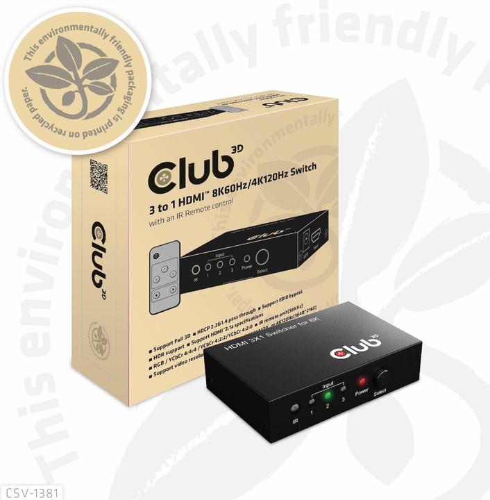 Actual product image Club 3D Club3D HDMI Switchbox 3 inputs -> 1 output 8K60Hz UHD retail