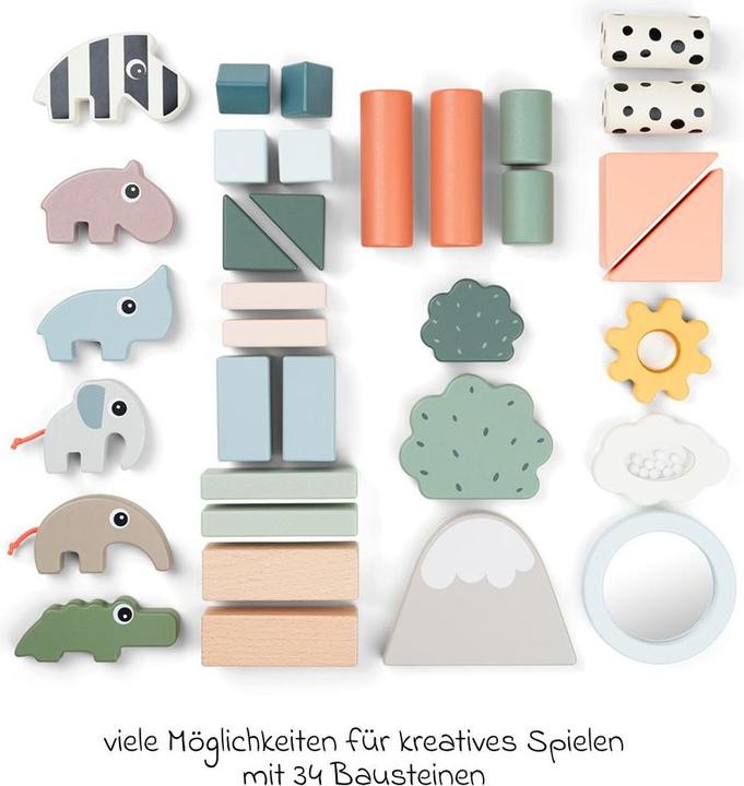 Produktbild Done by Deer Stapeltürme & Steckspiele Holzbausteine 34 Stück mit Spiegel, Rassel