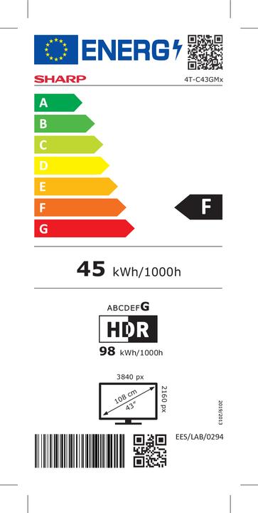 Etichetta energetica Sharp TV QLED GOOGLE TV, 43 pollici, risoluzione: 3840 (43", QLED, 4K)