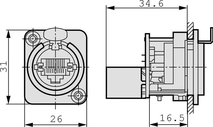 Actual product image Neutrik - Ethercon - Metal Chassis Housing With Rear-Mounted Standard Rj45 (S/FTP, CAT5e, 0.17 m)