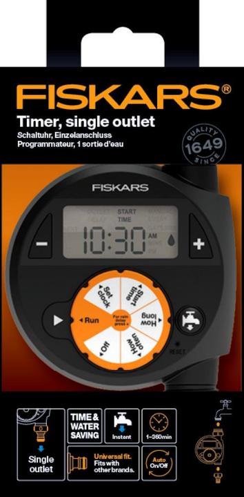 Immagine prodotto Fiskars Timer/timer con 1 uscita, Per tutte le dimensioni di rubinetto più comuni, LCD di facile lettura (Tubo di gocciolamento + tubo di gocciolamento)