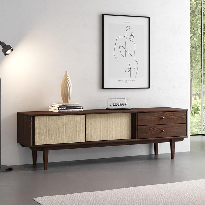 Image du produit IDIMEX Lowboard SIMONA aus Kiefer Massivholz mit Rattangeflecht – Nussbaumoptik