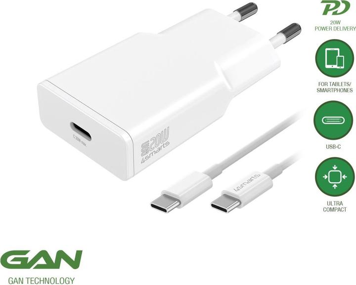 Actual product image 4smarts Power charger PDPlug Slim 20W GaN 1C and USB-C cable 1.5m white (20 W)