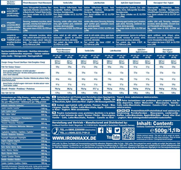 Nährwerte und Zutaten IronMaxx 100% Whey Protein (500g Beutel) (Erdbeer, 1 Stk., 500 g)