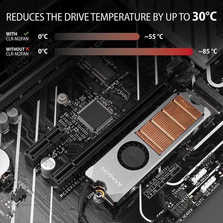 Image du produit Axagon CLR-M2FAN computer cooling system Solid-state drive Heatsink/Radiatior Grey 1 pièce(s)
