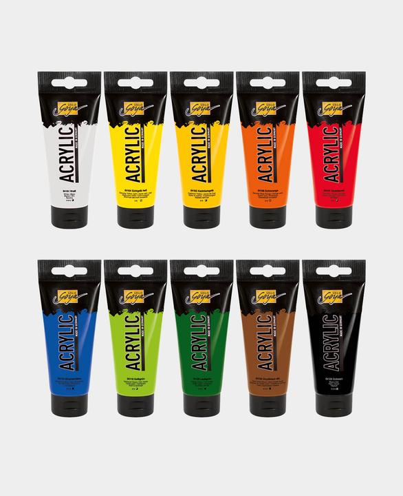 Immagine prodotto Solo Goya Set di 10 pezzi in acrilico (Nero, Bianco, Vera arancia, Blu oltremare, Ossido marrone scuro, Giallo-verde, 1000 ml)