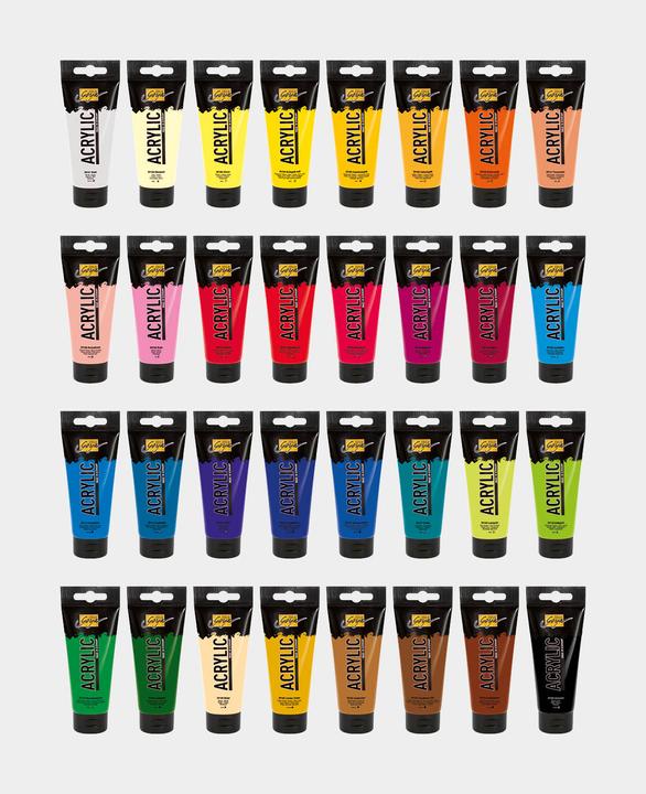 Actual product image Solo Goya Acrylic Set (Beige, Cobalt blue, Light green, Oxide brown dark, Ivory, Leaf green, Coelin blue, Yellow green, Ultramarine blue, Turquoise, Violet, Real orange, Permanent green, Primary blue, Dark brown, Ochre, Rosé, Terracotta, Light blue, Wine red, Crimson, Real yellow light, vermilion, 640 ml)
