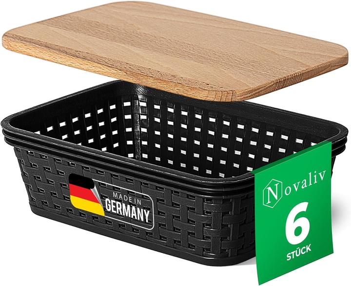 Produktbild Novaliv 6er Set Aufbewahrungsboxen mit Holzdeckel Mini 1L Korb Schwarz in Rattan Design Lebensmittel (20 x 14 x 7 cm, 1 l)