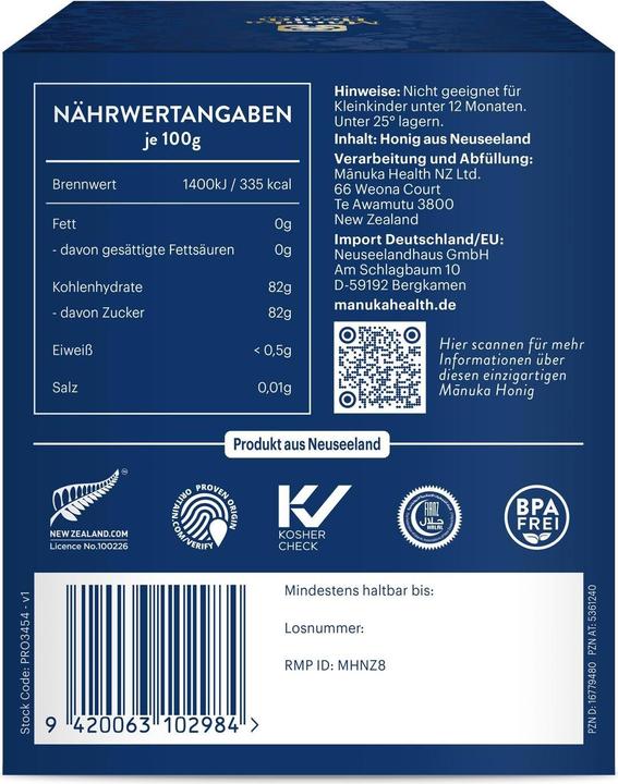 Valeurs nutritives et ingrédients Manuka Health MGO 850+ Miel de Manuka 250 g (250 g)