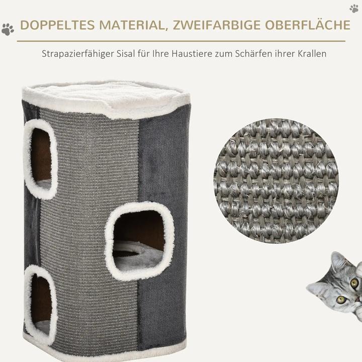 Actual product image PawHut Scratching barrel for cats 3 levels chipboard velvety grey+white 40x40x74cm (74 cm, Grey)