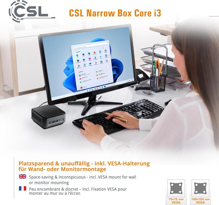 Immagine prodotto CSL Mini PC Narrow Box Core i3 / 16GB / 4000 GB M.2 SSD / Win 11 Home (Intel Core i3-N305, 16 GB, 4000 GB, Grafica Intel UHD)