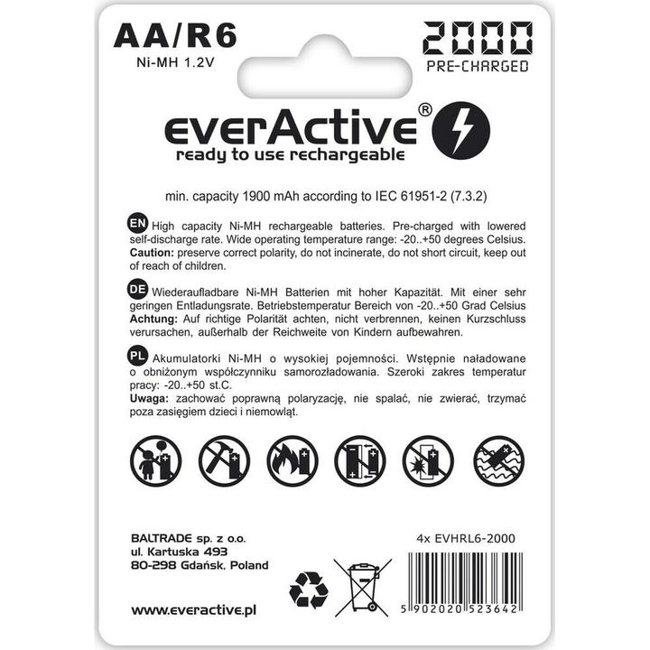 Energy Label Everactive Silver Line Ready to Use 2000mAh AA battery, 4 pcs. (4 pcs., AA, 1900 mAh)