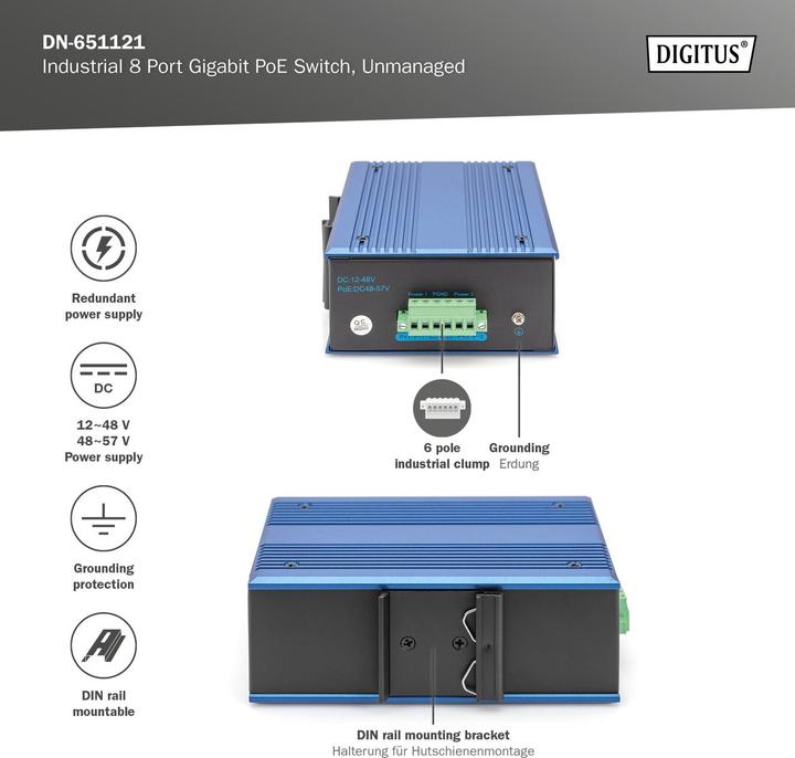 Actual product image Digitus Industrial 8-Port Gigabit PoE Switch (8 Ports)