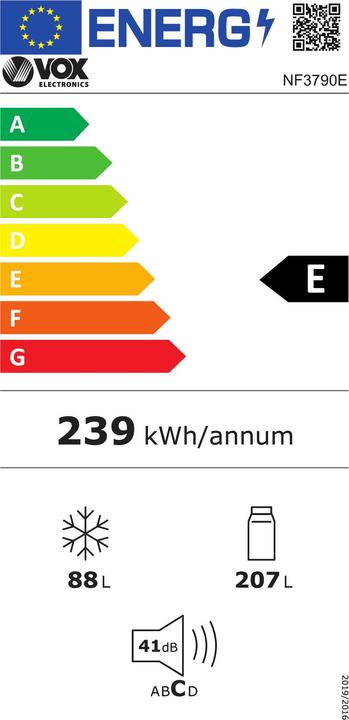 Label énergétique Vox Réfrigérateur combiné NF 3790 E (E, H : 207 l, Z : 88 l, MultiC, NO-FROST) (294 l)