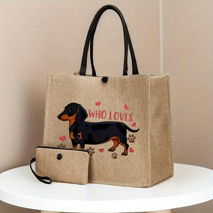 Actual product image Only-Bags.Store 2 Stück Hundedruck Canvas Tote Bags - Leichte Reise- und Strandtaschen mit Schnallenverschluss