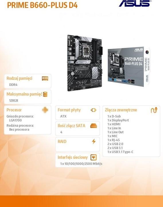 Actual product image ASUS PRIME B660-PLUS D4 (LGA 1700, Intel B660, ATX)