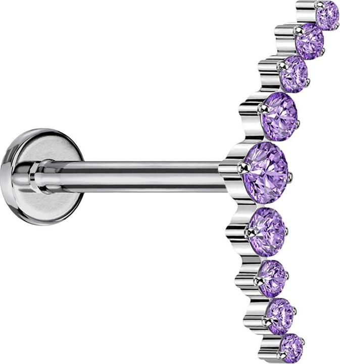 Star Piercing Micro Threadless Labret silber gebogen silber neun runde Kristalle violett (ohne Messing, Titan G23)