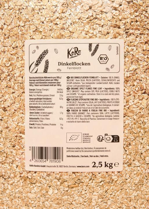 Nutritional values and ingredients KoRo Organic spelt flakes fine leaf (2500 g)