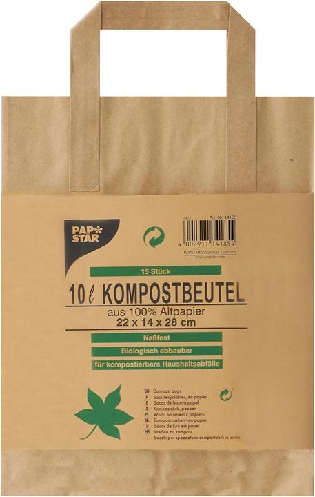 Produktbild Papstar Kompostbeutel mit Henkel, braun, 10 Liter, 15er aus 100% Altpapier, Stärke: 80 g/qm, nassfest, be... (15 x, 10 l)