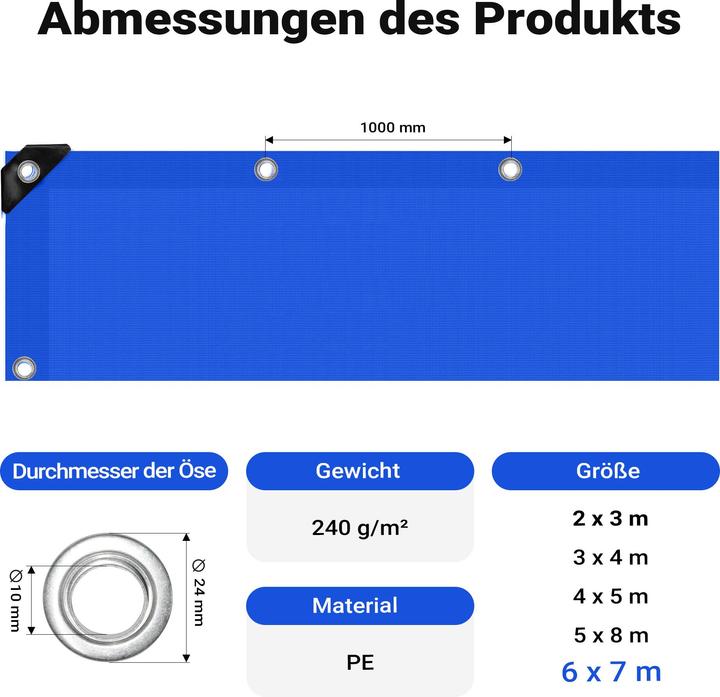 Immagine prodotto Wiltec Telone di copertura resistente alle intemperie blu 7x6m Telone PE con occhielli 240g/m² Telone da (7 x 6 m)
