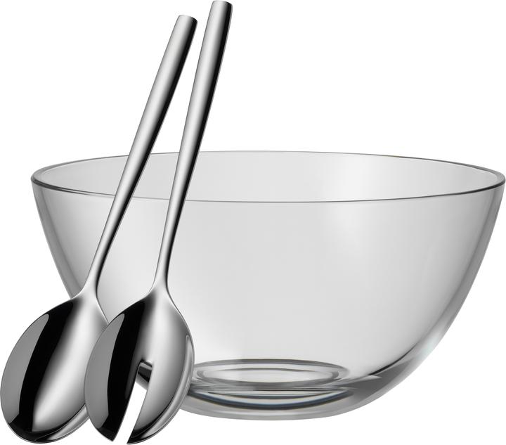 Produktbild WMF Salatschüssel Set mit Salatbesteck 25cm Taverno Glas Edelstahl 18/10 poliert (23.50 cm, 2.50 l, 3 x)