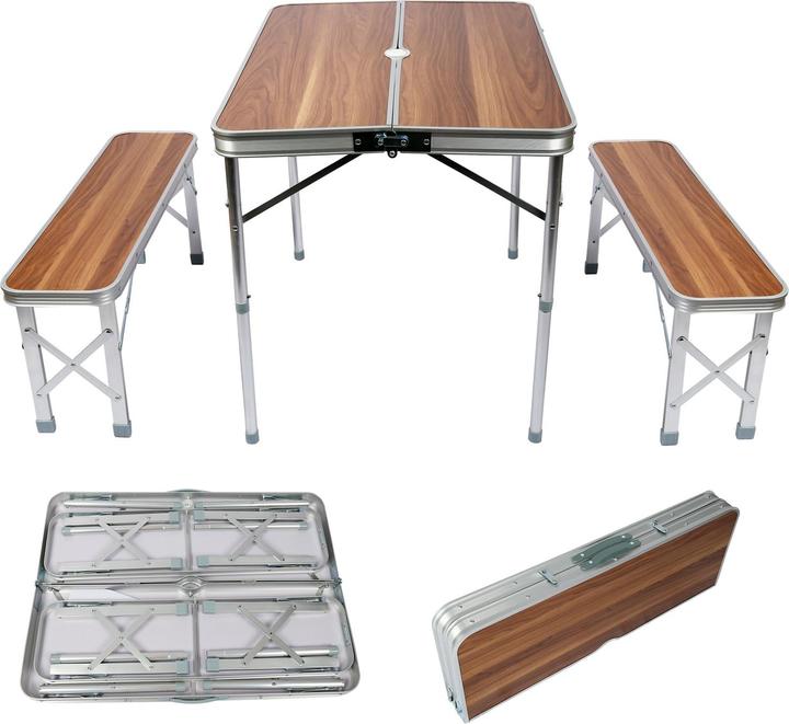 Produktbild Wiltec Koffertisch mit 2 Bänken Holzdesign Aluminium Campingtisch Klapptisch