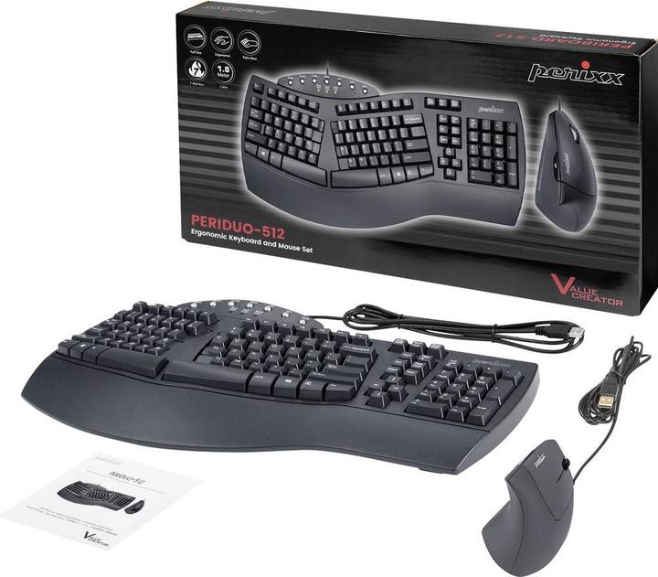 Actual product image Perixx PERIDUO-512 DE, keyboard and mouse set, wired, ergonomic, black (DE, Cable)