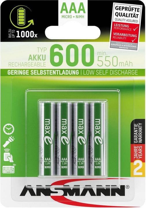 Produktbild Ansmann NiMH-maxE-1.2V-AAA600-green-bl4 (4 Stk., AAA, 550 mAh)