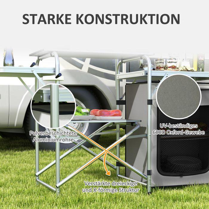 Produktbild Swisshandel24 Campingküche, faltbar, 3 Arbeitsplatten, Windschutz, Stoffschrank, 144x48x119cm, Silber