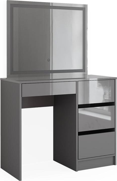 Body: grey, Table top: Grey, matt front, High-gloss fitted shelf: White LED mirror: White