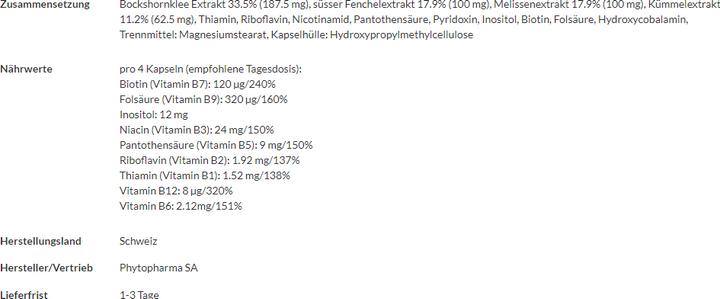 Nährwerte und Zutaten Phytopharma Stillen Kapseln (90 Stück, Kapseln, 77 g)