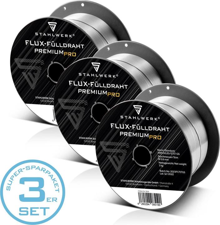 Produktbild Stahlwerk Fülldraht MIG/MAG Ø 0,8 mm E71T-GS 1kg Drahtrolle S100/ D100 3er Set